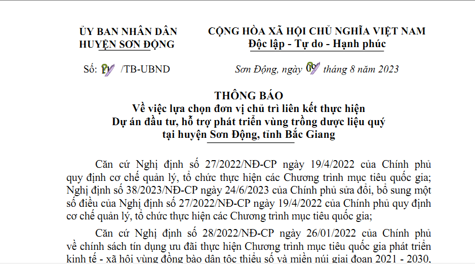 Về việc lựa chọn đơn vị chủ trì liên kết thực hiện Dự án đầu tư, hỗ trợ phát triển vùng trồng dược liệu quý tại huyện Sơn Động, tỉnh Bắc Giang