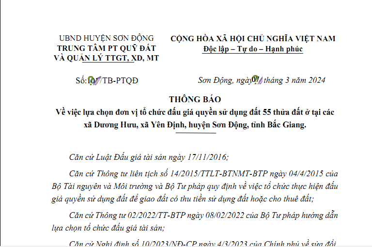 Thông báo về việc lựa chọn đơn vị tổ chức đấu giá quyền sử dụng đất 55 thửa đất ở tại các  xã Dương Hưu, xã Yên Định, huyện Sơn Động, tỉnh Bắc Giang