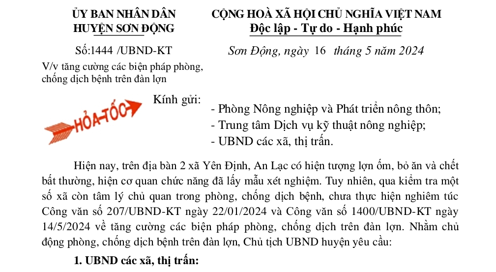 Sơn Động ban hành công văn hoả tốc về  tăng cường các biện pháp phòng chống dịch trên đàn lợn|https://sondong.bacgiang.gov.vn/zh_CN/chi-tiet-tin-tuc/-/asset_publisher/C55IVjY8YjNe/content/son-ong-ban-hanh-cong-van-hoa-toc-ve-tang-cuong-cac-bien-phap-phong-chong-dich-tren-an-lon